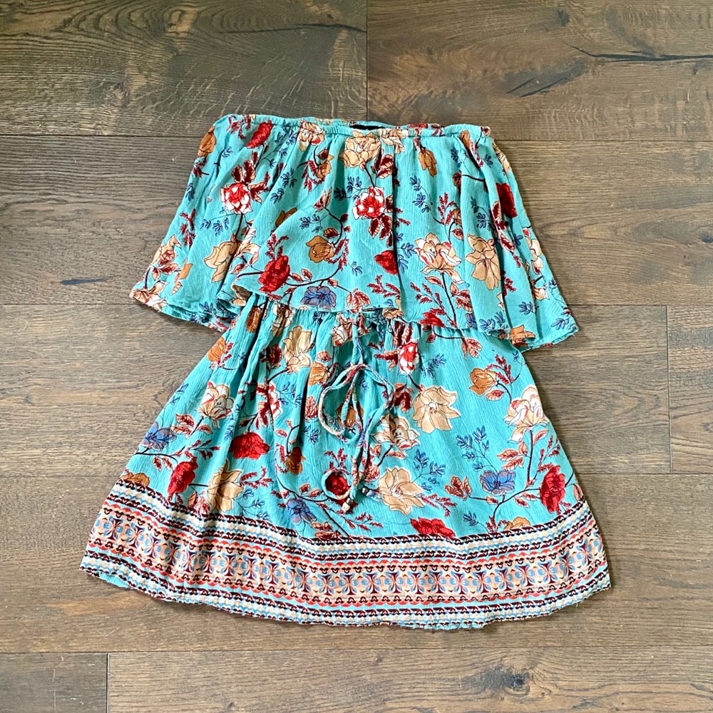 Boho-Chic Teal Floral Strapless Dress